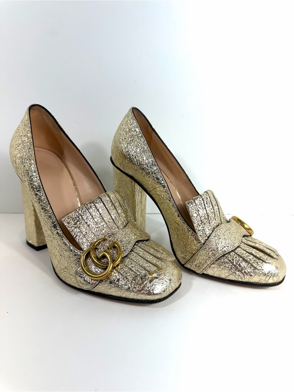 Gucci GG Marmont Gold Leather Kiley Block Heel Pump Size EU 39.5 US 9.5
